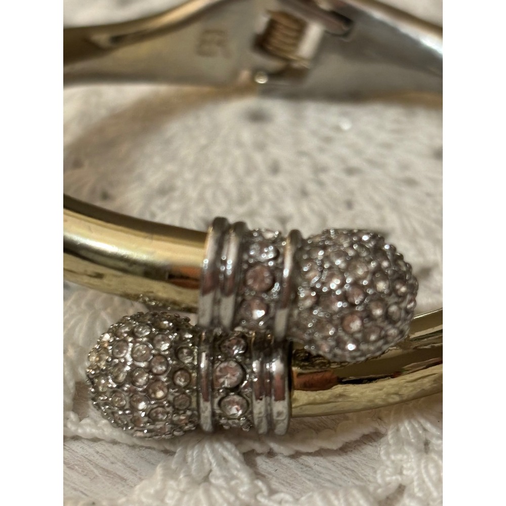 Banana Republic Gold Tone Bypass Hinged Bangle Bracelet Pave Crystal End Caps - Picture 2 of 13